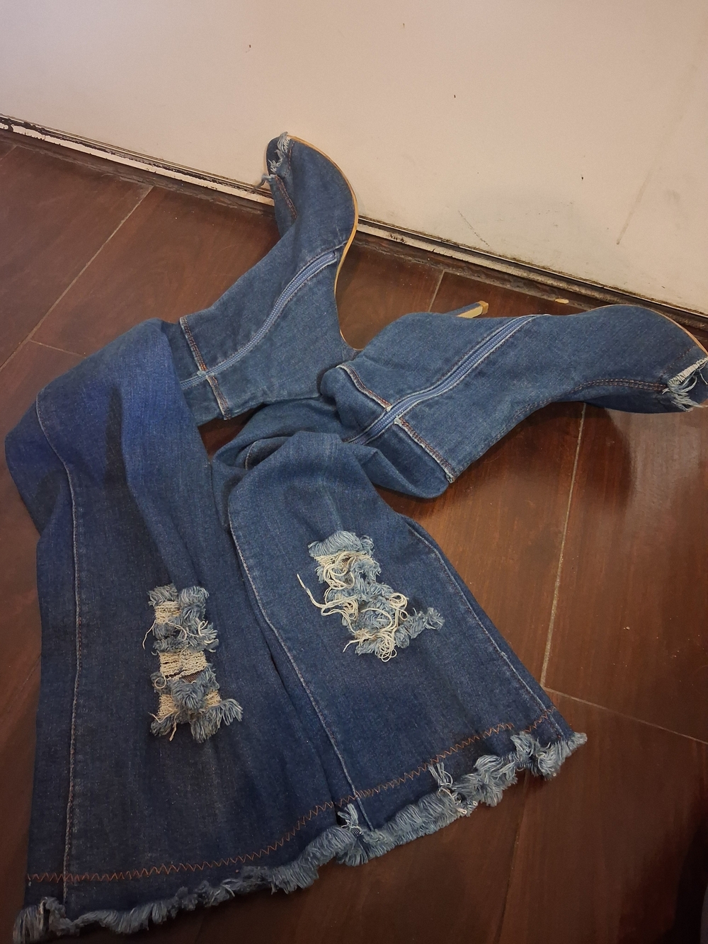 Women’s Blue Distressed Flared Jean Boots